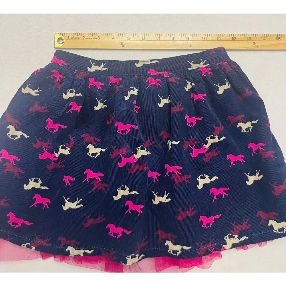 Gymboree Girl’s Navy Blue Corduroy w/ Tulle Equestrian Horse Print Skirt 7